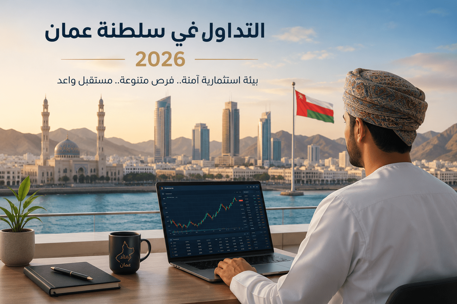 مستثمر يتابع التداول عبر الإنترنت في سلطنة عمان باستخدام منصة تداول مع ظهور أفق مدينة مسقط
